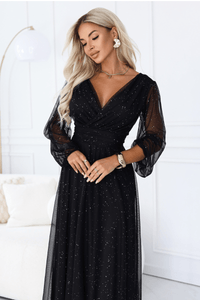 vestido de cerimónia comprido com tule brilhante preto BeStylish