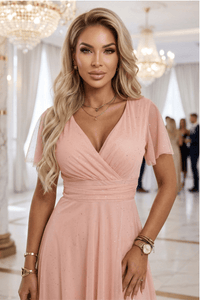 Vestido de festa comprido com brilho e tulle cor pêssego BeStylish