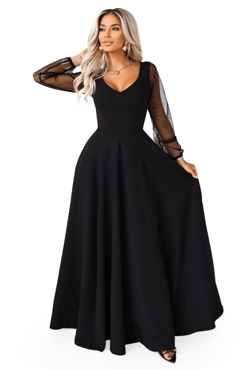 vestido de cerimónia comprido preto com mangas transparentes BeStylish