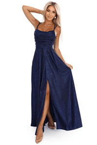 Vestido de cerimónia comprido azul marinho brilhante BeStylish