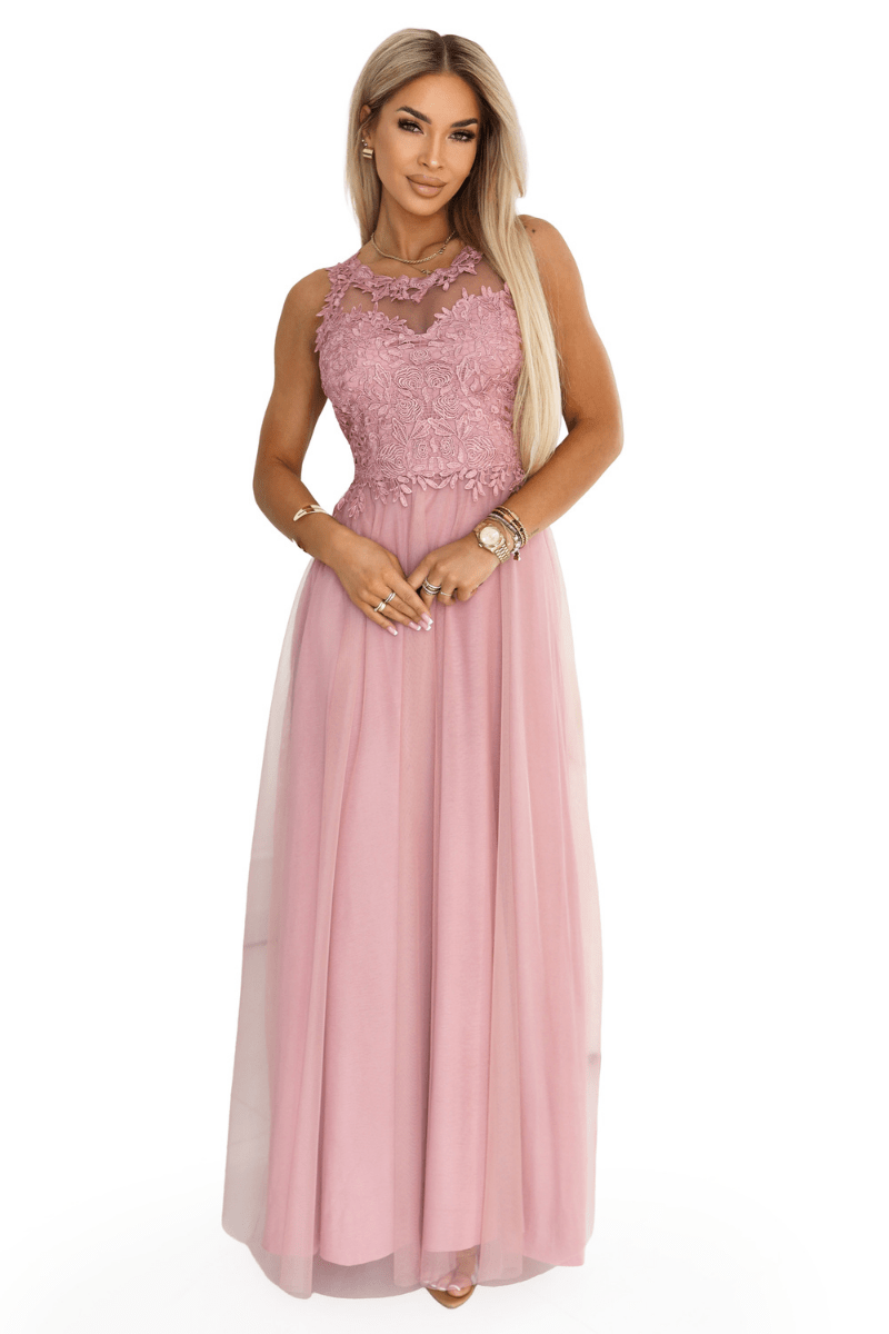 vestido de casamento comprido rosa velho com renda e tule BeStylish