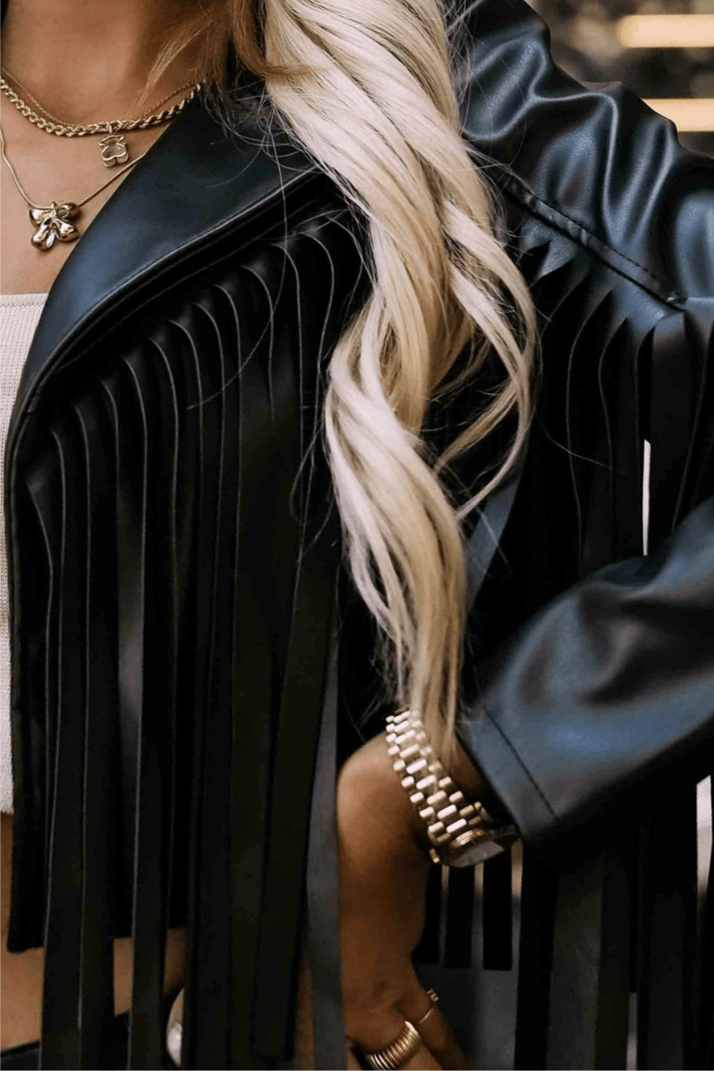 casaco de pele preto com franjas BeStylish 