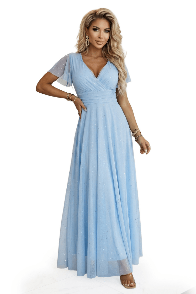 Vestido de festa comprido com brilho e tulle azul claro BeStylish