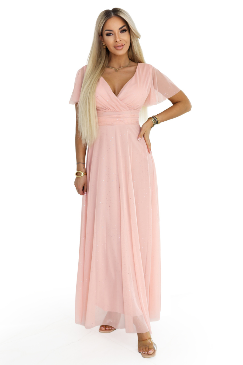 Vestido de festa comprido com brilho e tulle cor pêssego BeStylish