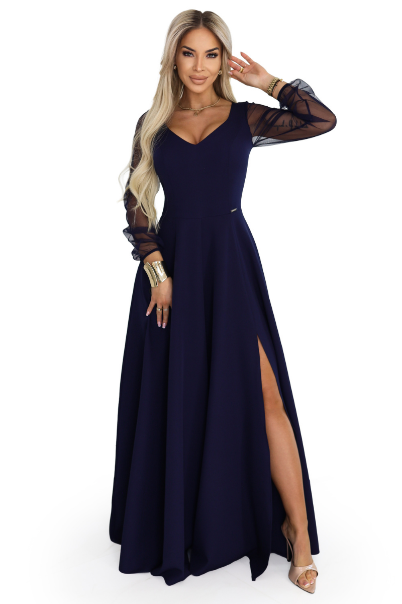 vestido de cerimónia comprido azul marinho com mangas transparentes BeStylish