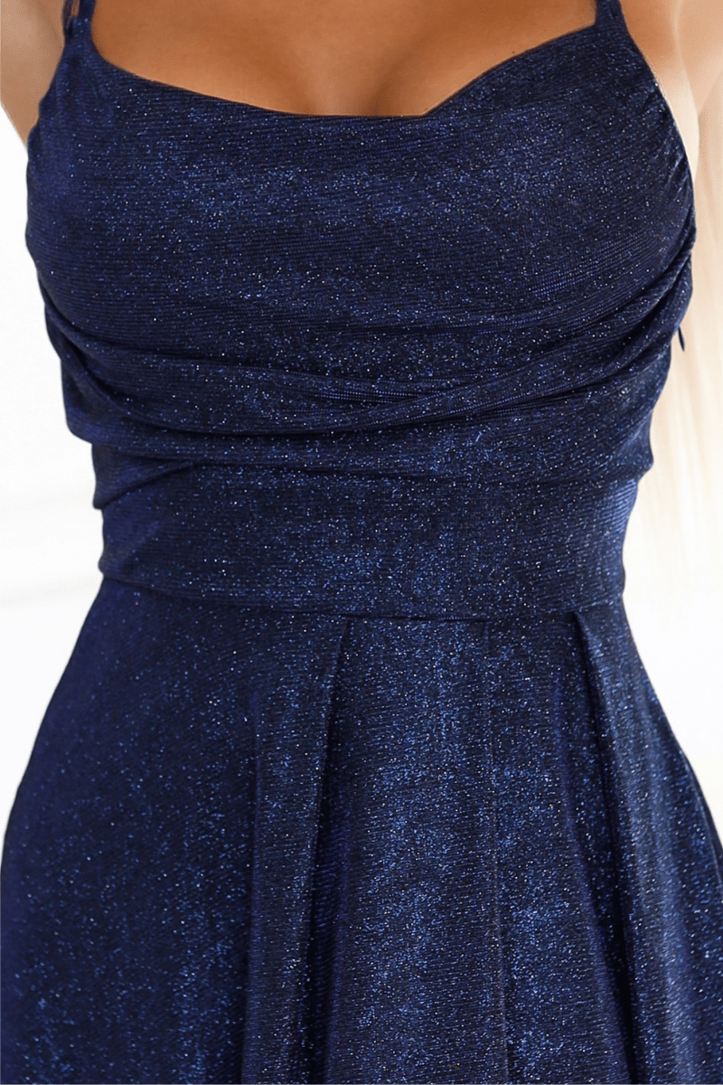 Vestido de cerimónia comprido azul marinho brilhante BeStylish