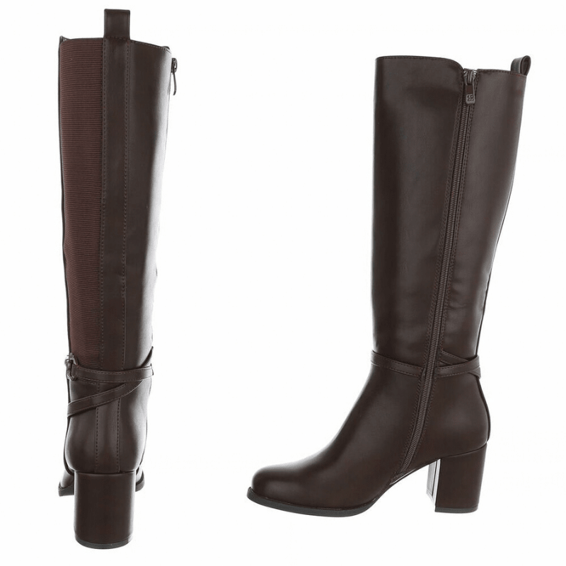 botas castanhas chocolate em pele de salto alto grosso e cano largo BeStylish 