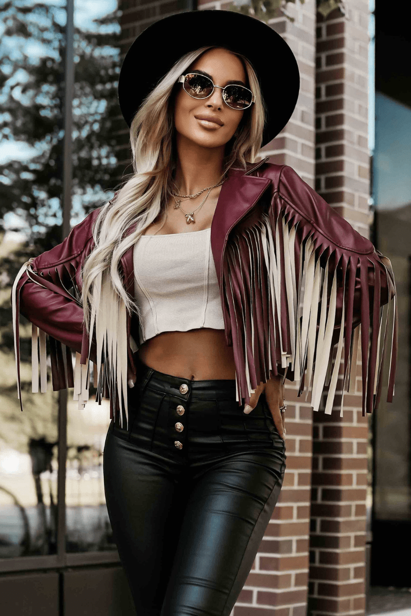 casaco de pele bordeaux com franjas BeStylish 