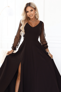 vestido de cerimónia comprido castanho chocolate com mangas transparentes BeStylish