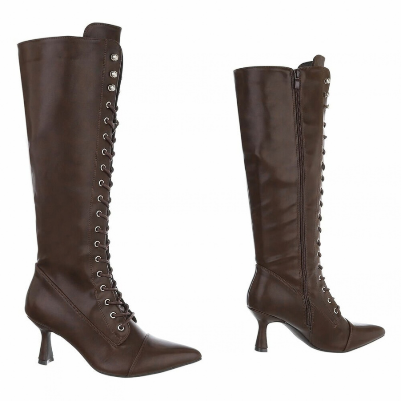 Botas castanhas de salto alto em pele com atacadores BeStylish 