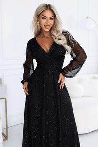 vestido de cerimónia comprido com tule brilhante preto BeStylish