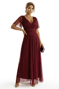 Vestido de festa comprido com brilho e tulle bordeaux BeStylish