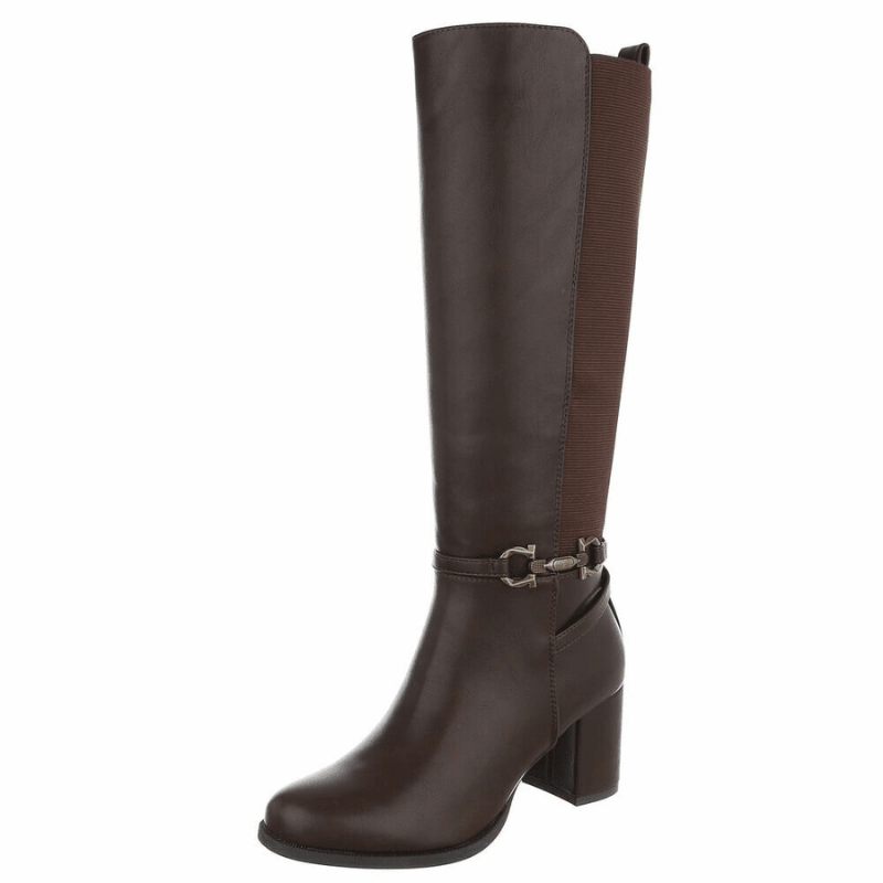 botas castanhas chocolate em pele de salto alto grosso e cano largo BeStylish 