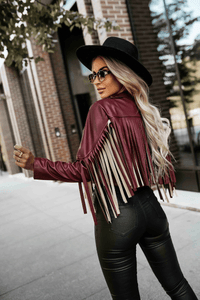 casaco de pele bordeaux com franjas BeStylish 