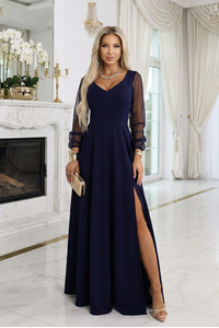 vestido de cerimónia comprido azul marinho com mangas transparentes BeStylish