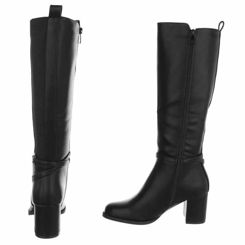 botas pretas em pele de salto alto grosso e cano largo BeStylish 