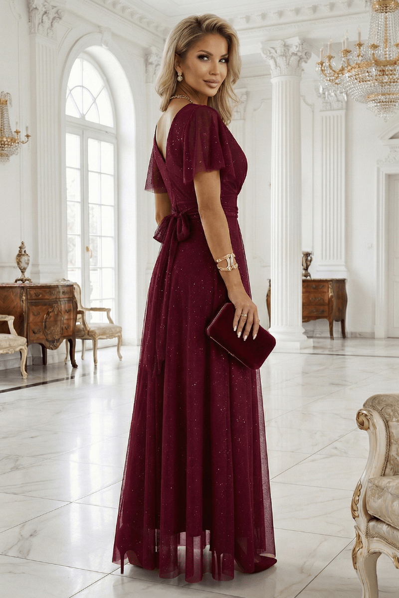 Vestido de festa comprido com brilho e tulle bordeaux BeStylish