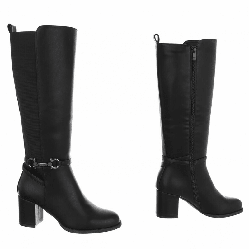 botas pretas em pele de salto alto grosso e cano largo BeStylish 