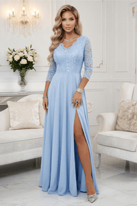 vestido de cerimónia comprido com renda azul claro BeStylish