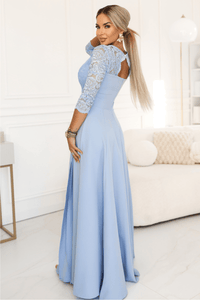 vestido de cerimónia comprido com renda azul claro BeStylish