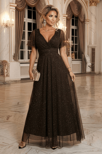 Vestido de festa comprido com brilho e tulle castanho chocolate BeStylish