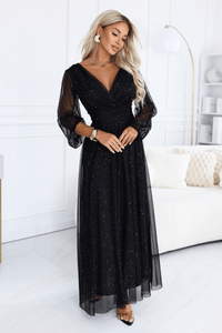 vestido de cerimónia comprido com tule brilhante preto BeStylish