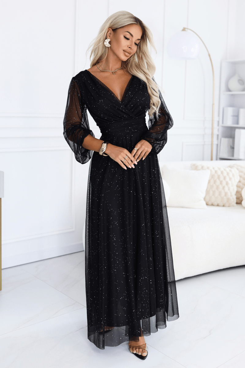vestido de cerimónia comprido com tule brilhante preto BeStylish