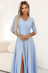 vestido de cerimónia comprido com renda azul claro BeStylish