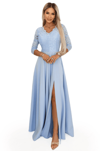 vestido de cerimónia comprido com renda azul claro BeStylish