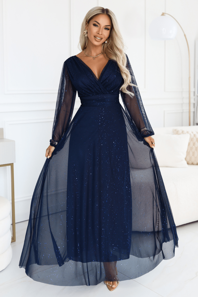 vestido de cerimónia comprido com tule brilhante azul marinho BeStylish