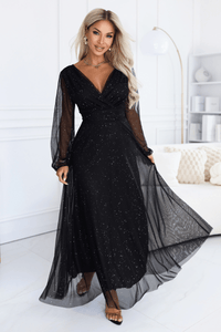 vestido de cerimónia comprido com tule brilhante preto BeStylish