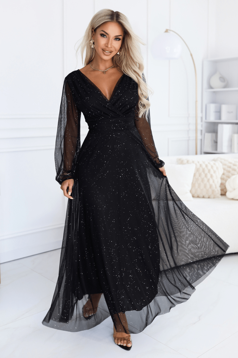 vestido de cerimónia comprido com tule brilhante preto BeStylish