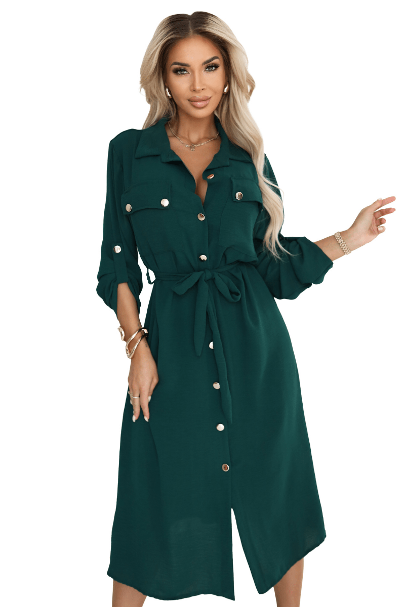 vestido comprido verde  estilo camisa BeStylish 