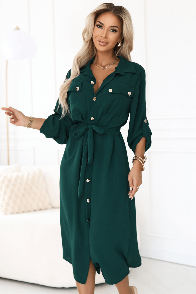 vestido comprido verde  estilo camisa BeStylish 