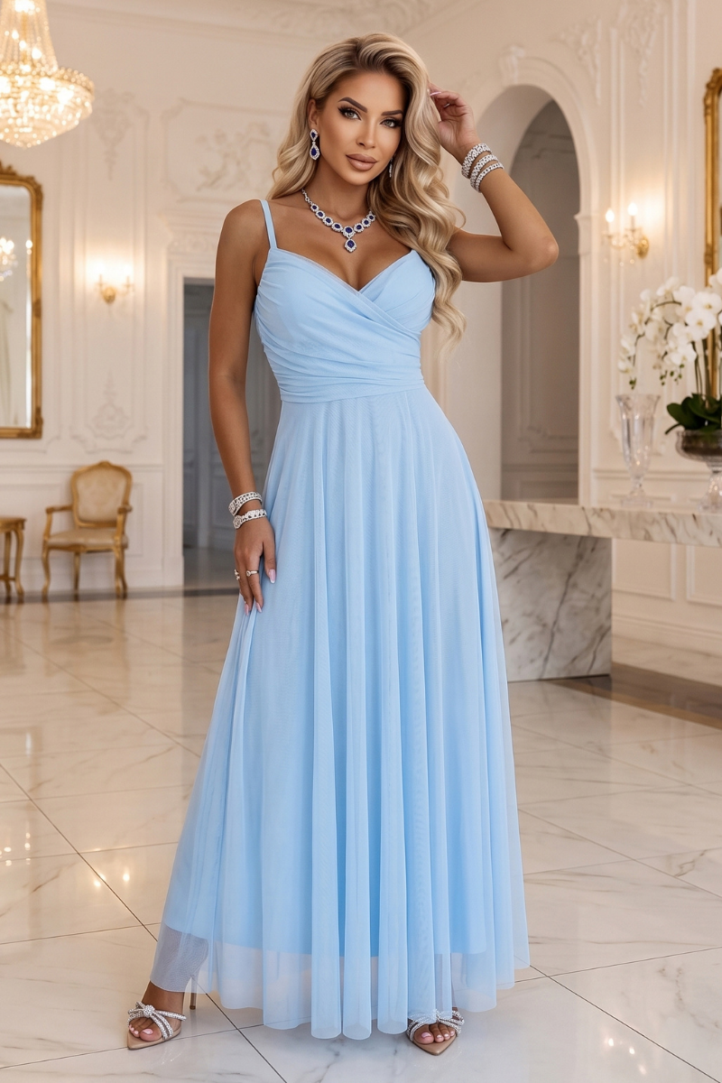 vestido de cerimónia comprido em tulle azul claro BeStylish