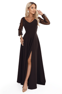 vestido de cerimónia comprido castanho chocolate com mangas transparentes BeStylish