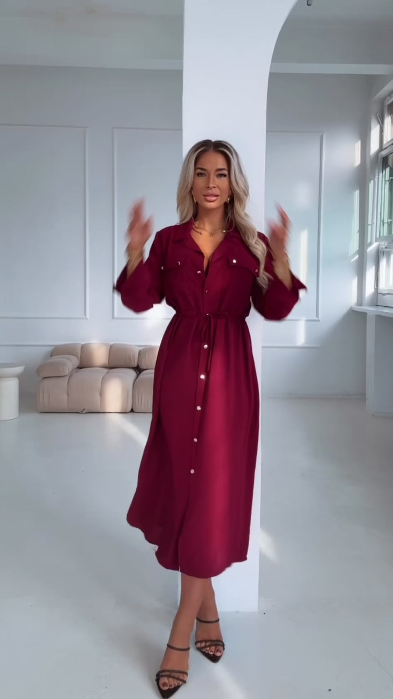 vestido comprido bordeaux estilo camisa BeStylish