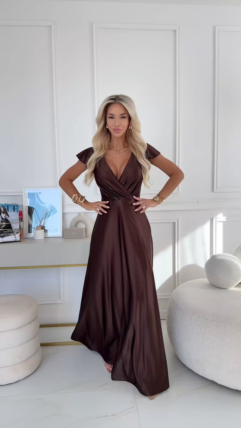 Vestido de cerimónia comprido em cetim castanho chocolate BeStylish