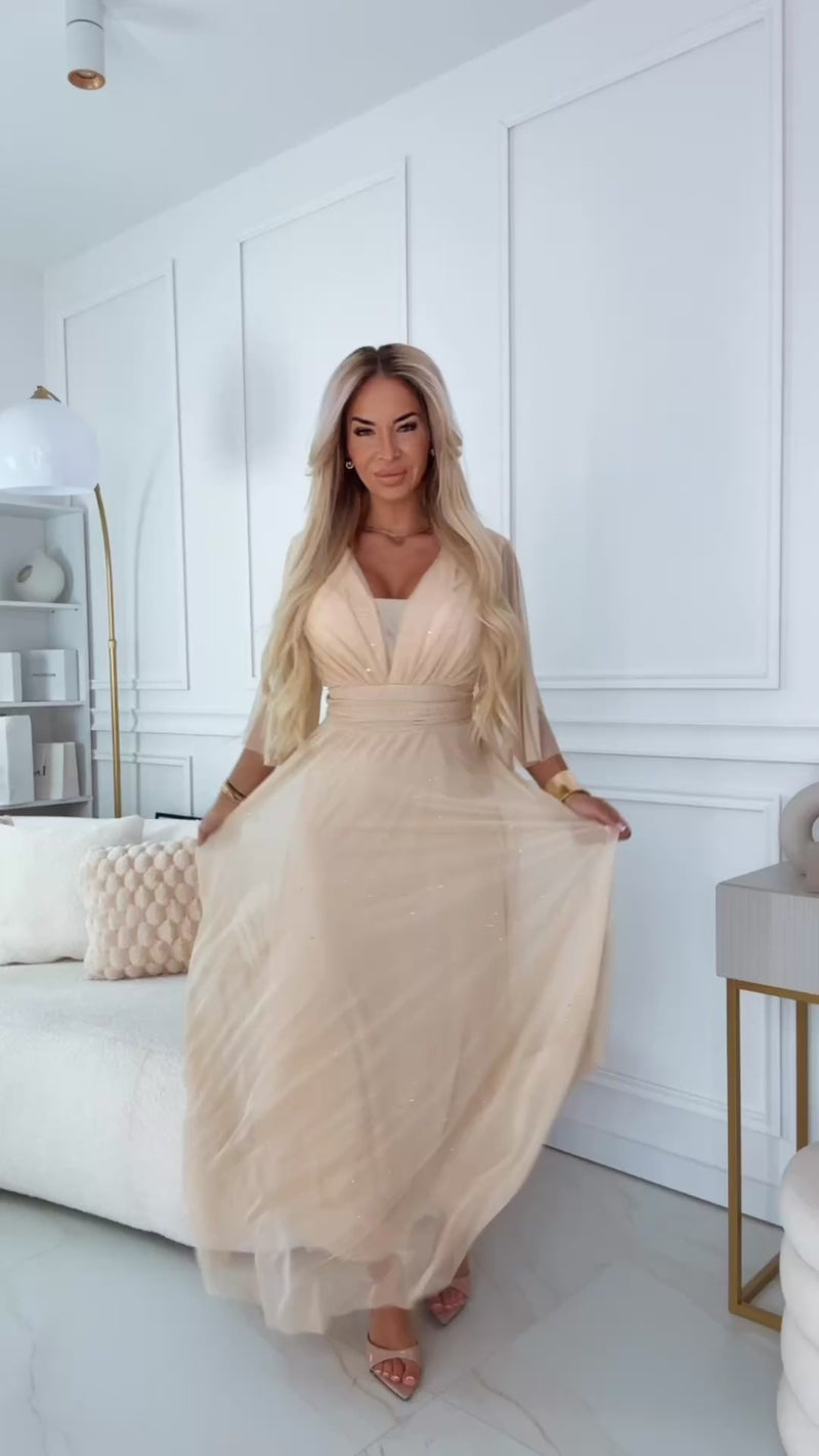 vestido de cerimónia comprido bege brilhante plus size BeStylish