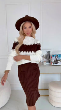 Conjunto de malha castanho com saia e camisola BeStylish