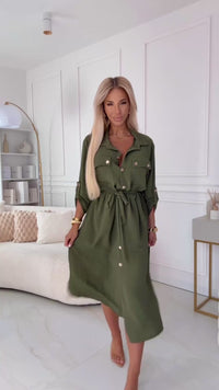 Vestido de cerimónia comprido caqui estilo camisa BeStylish