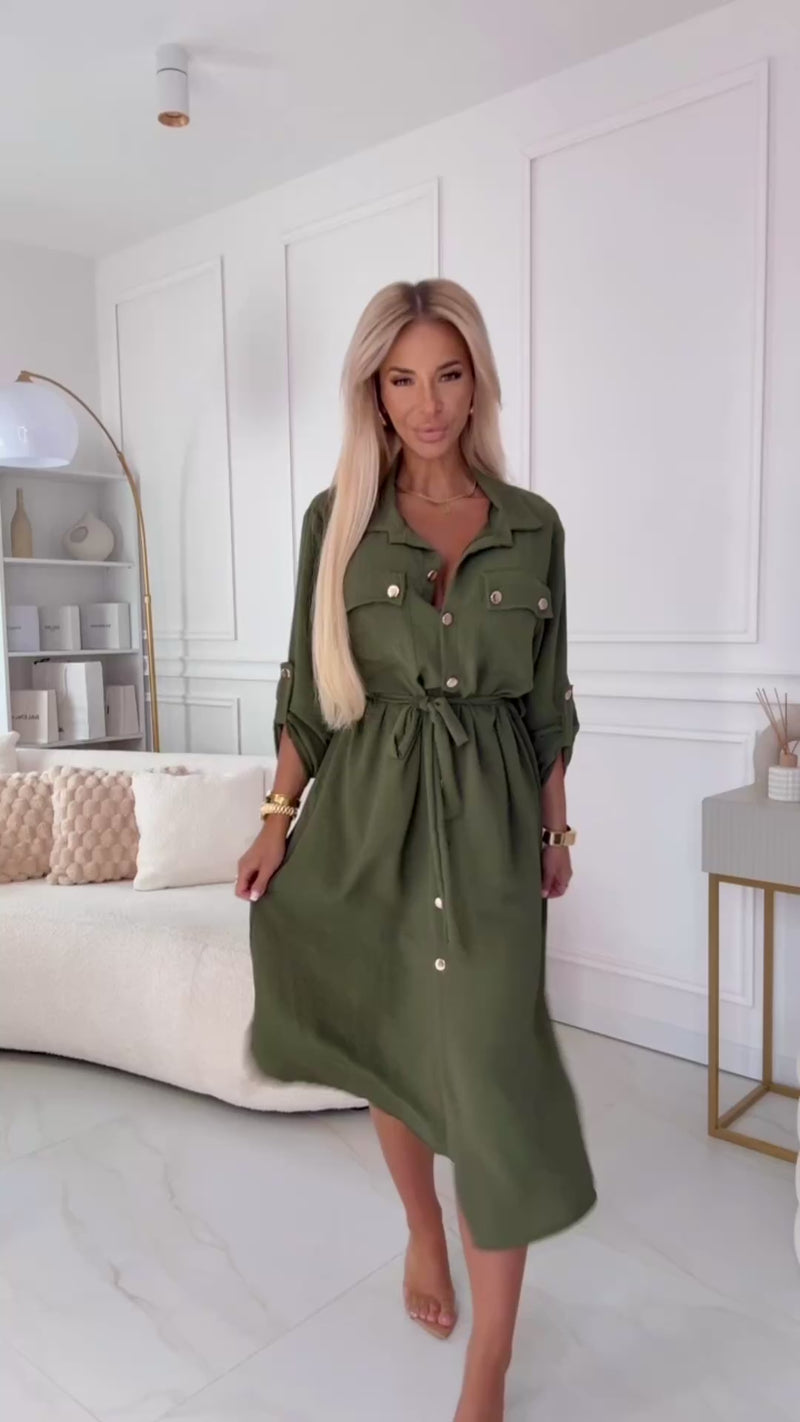 Vestido de cerimónia comprido caqui estilo camisa BeStylish
