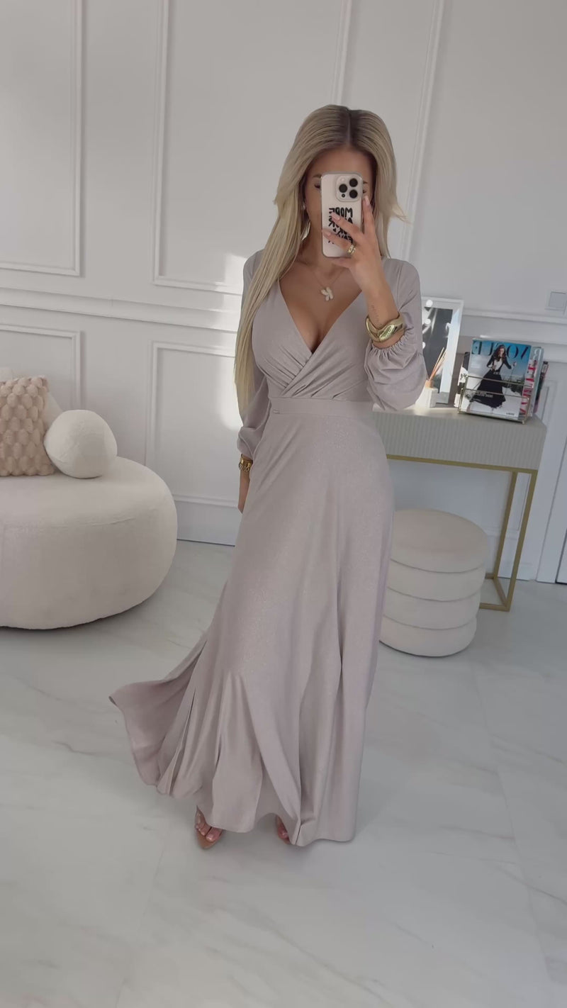 Vestido de cerimónia comprido bege Nela