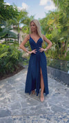 Vestido de cerimonia comprido com alças brilhante azul navy BeStylish