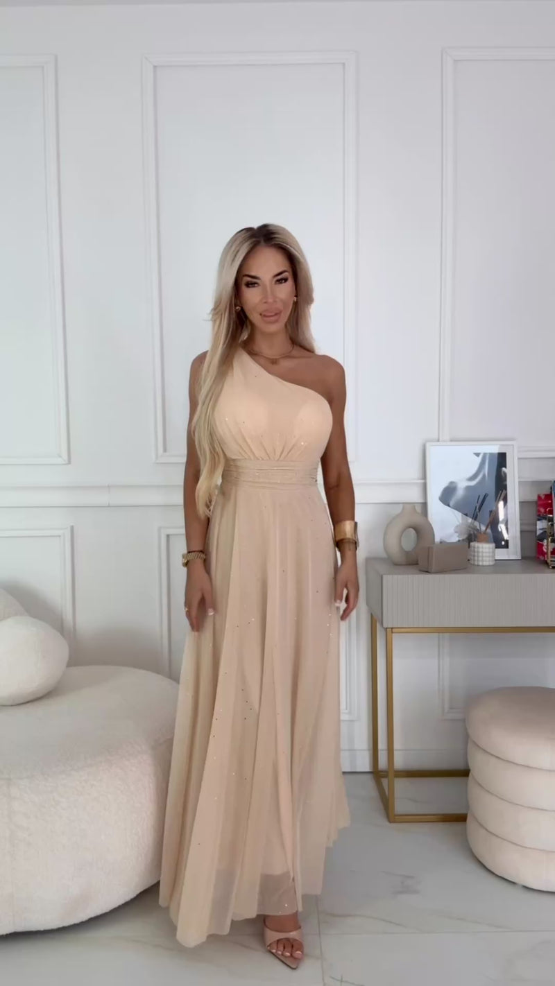 Vestido de gala comprido bege champagne com brilho e com ombro à mostra BeStylish 