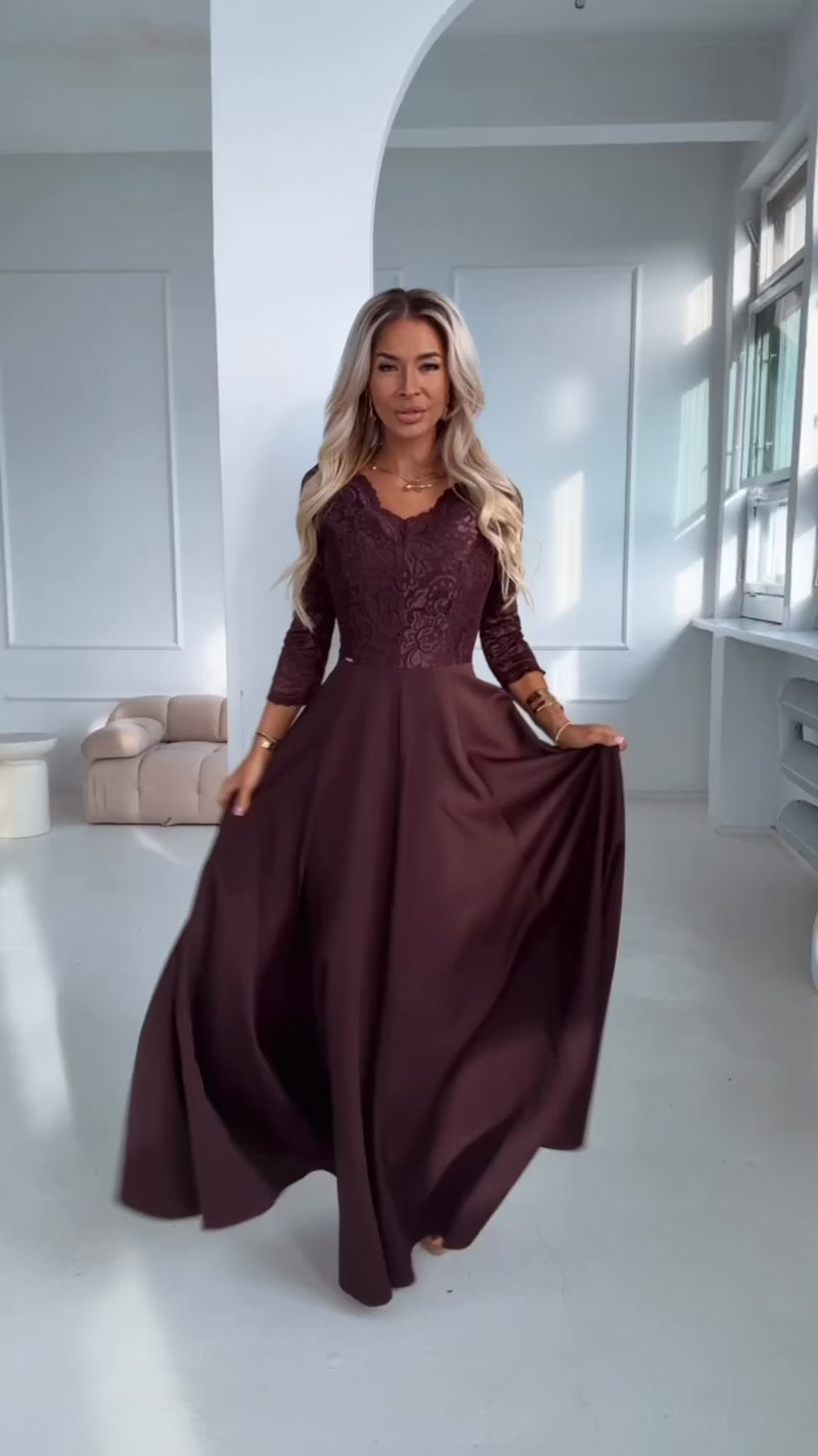 vestido de cerimónia comprido castanho chocolate com renda BeStylish