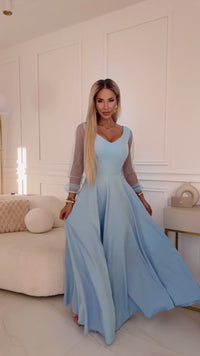 vestido de cerimónia comprido azul claro com mangas transparentes BeStylish