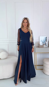 vestido de cerimónia comprido azul marinho com mangas transparentes BeStylish