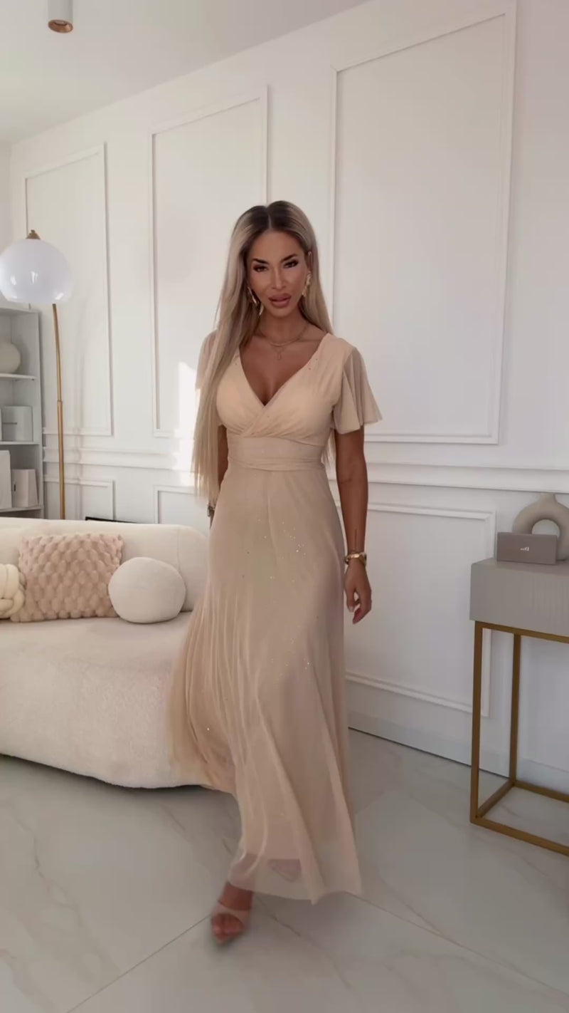 Vestido de festa comprido com brilho e tulle bege BeStylish