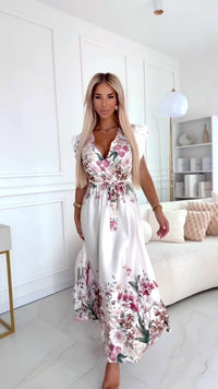 Vestido de cerimónia comprido creme floral em cetim BeStylish 